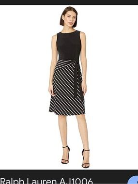 Ralph Lauren Black Sleeveless Midi Dress with Striped Tie-Waist Skirt